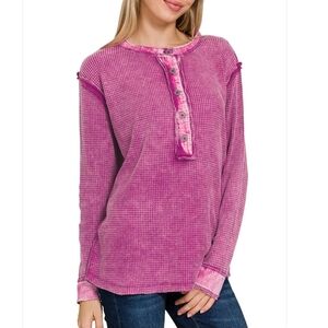 ZENANA Long Sleeve Cotton Waffle Henley